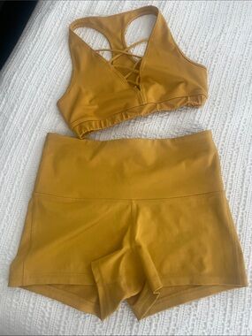 Mika Pole Wear Mustard Yellow Set - Strappy Sports Bra + High Waist Shorts
